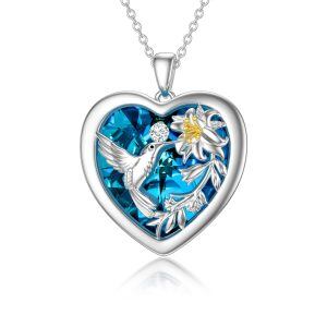 Sterling Silver Hummingbird Flower Heart Necklace-0