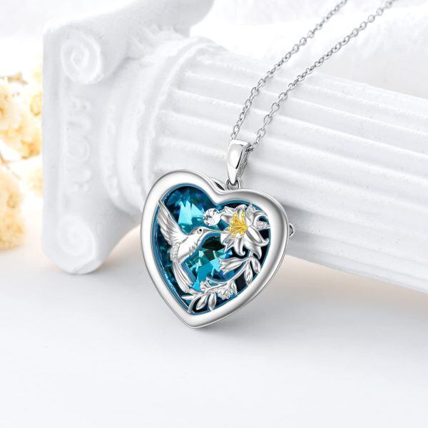 Sterling Silver Hummingbird Flower Heart Necklace-1