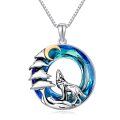 wholesale 925 Sterling Silver Blue Crystal Wolf Moon Pendant Necklace for Women-0-0