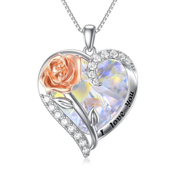 Sterling Silver Rose Heart Pendant Necklace-0