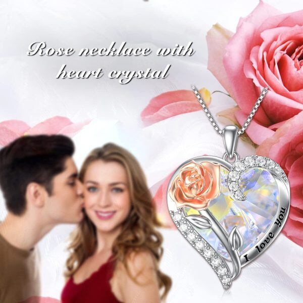 Sterling Silver Rose Heart Pendant Necklace-3