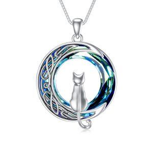 Sterling Silver Cat Moon Pendant Necklace-0