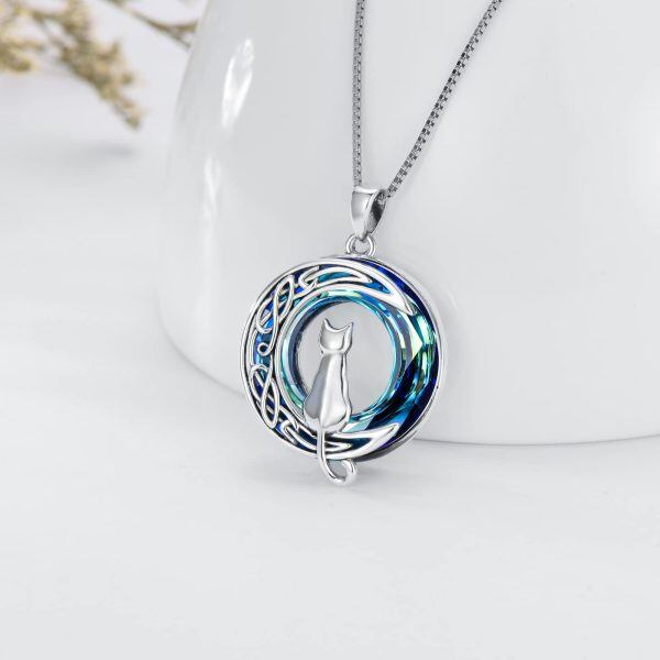 Sterling Silver Cat Moon Pendant Necklace-1