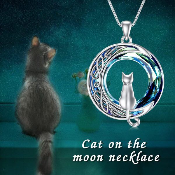 Sterling Silver Cat Moon Pendant Necklace-3