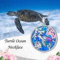 wholesale 925 Sterling Silver Round Blue Opal Coral & Flower Sea Turtle Pendant Necklace Ocean Life Jewelry for Women-0-4