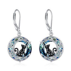 Sterling Silver Black Cat Moon Earrings-0