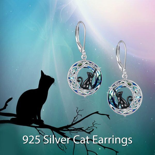 Sterling Silver Black Cat Moon Earrings-1