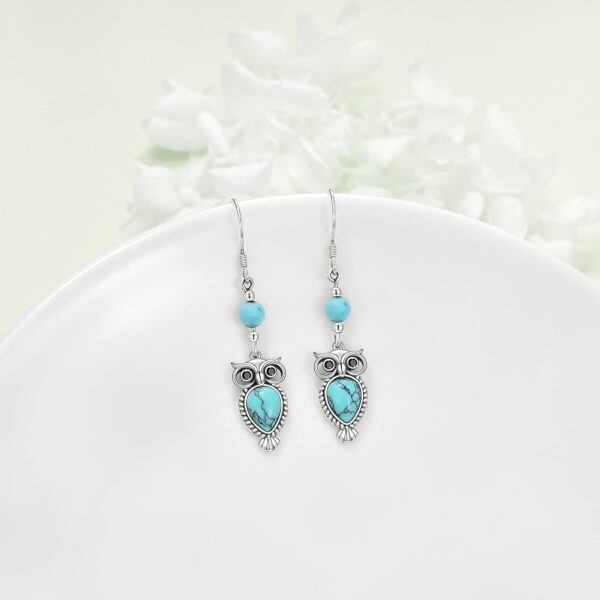 Sterling Silver Owl Turquoise Earrings-4