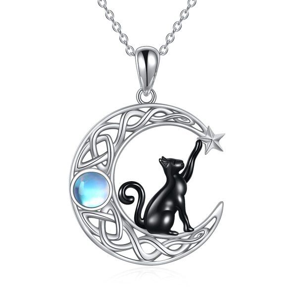 Sterling Silver Moon Black Cat Necklace-0