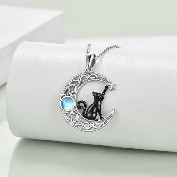 Sterling Silver Moon Black Cat Necklace-2