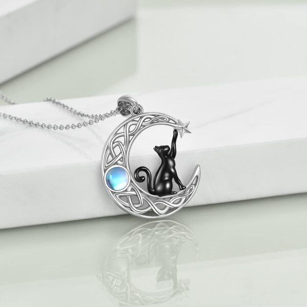 Sterling Silver Moon Black Cat Necklace-3