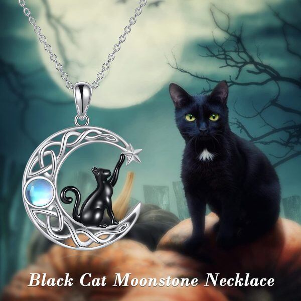 Sterling Silver Moon Black Cat Necklace-5