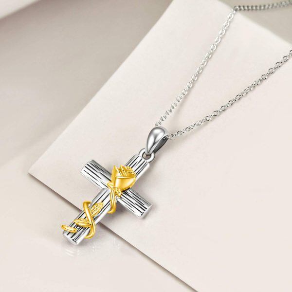 Sterling Silver Cross Rose Necklace-3