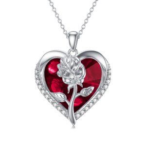 Sterling Silver Rose Heart Pendant Necklace-0