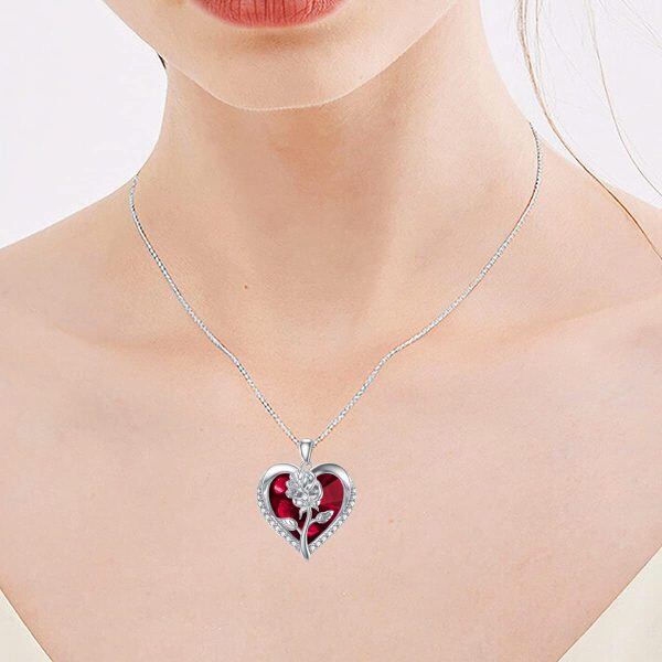 Sterling Silver Rose Heart Pendant Necklace-1