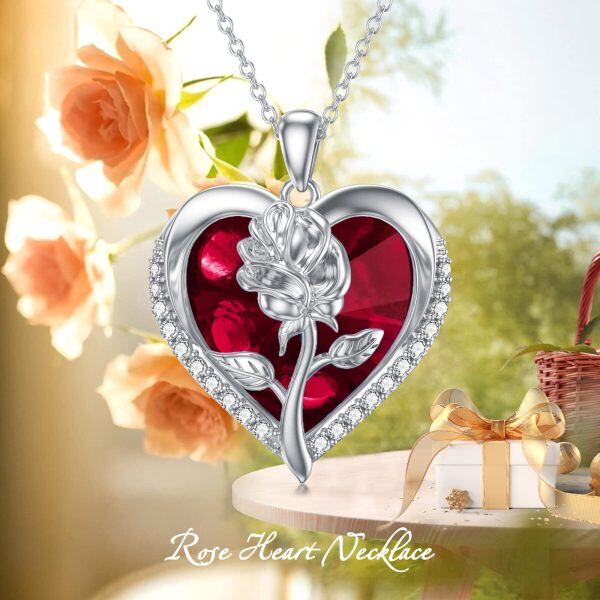 Sterling Silver Rose Heart Pendant Necklace-5