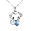 wholesale 925 Sterling Silver Blue Heart Crystal Monkey Pendant Necklace for Women and Girls-0-0