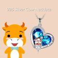 wholesale 925 Sterling Silver Blue Crystal Love You More Heart Pendant with Cute Cow Charm Necklace Mothers Day Gifts for Her-0-5