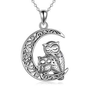 Sterling Silver Moon Owl Necklace-0