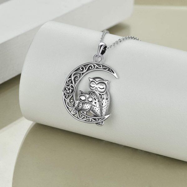 Sterling Silver Moon Owl Necklace-1