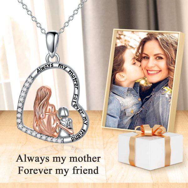 Sterling Silver Mother And Girl Heart Necklace-5