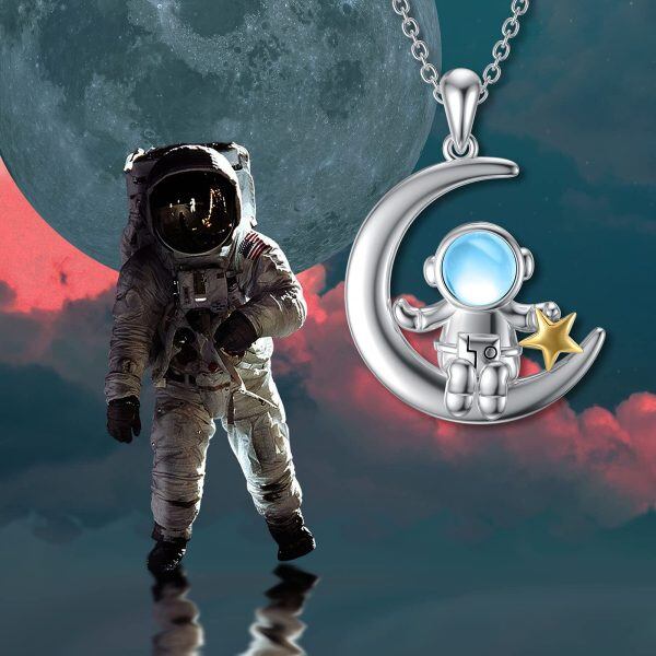 Sterling Silver Astronaut Moon Necklace-4