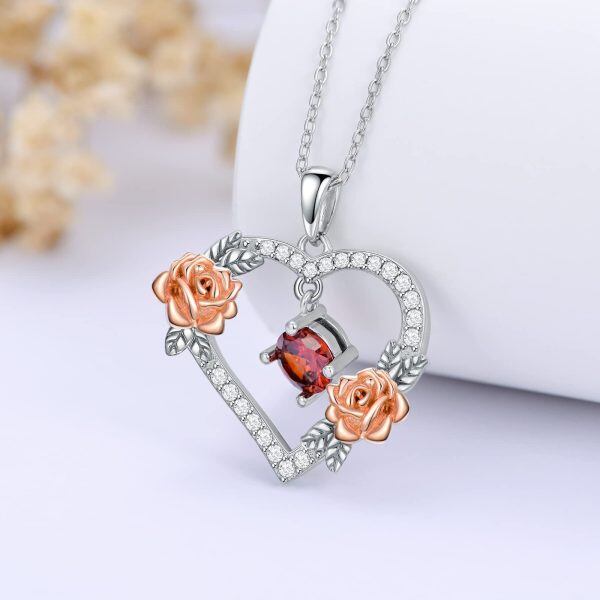 Sterling Silver Rose Heart Pendant Necklace-1