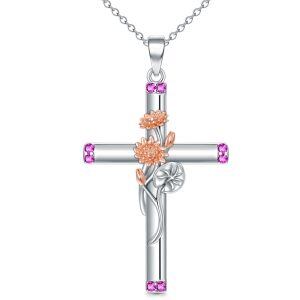 Sterling Silver Cross Flower Pendant Necklace-0