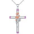 wholesale 925 Sterling Silver Pink Sapphire Floral Cross Pendant Necklace s for Women-0-0