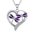 wholesale 925 Sterling Silver Purple Enamel Dragonfly Heart Pendant Necklace for Women-0-0