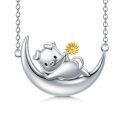 wholesale 925 Sterling Silver Pig on Moon Pendant Necklace with Gold Flower Charm for Women Girls Animal s 48cm Chain Length-0-0