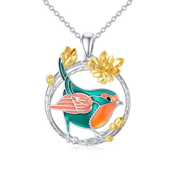 Sterling Silver Robin Bird Flower Pendant Necklace-0