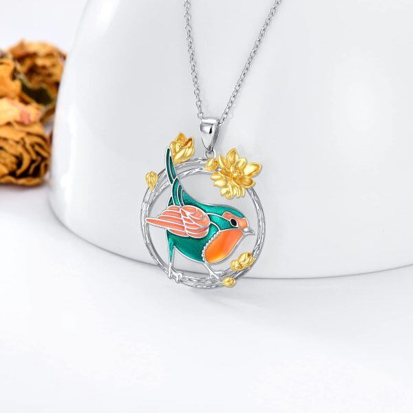 Sterling Silver Robin Bird Flower Pendant Necklace-4