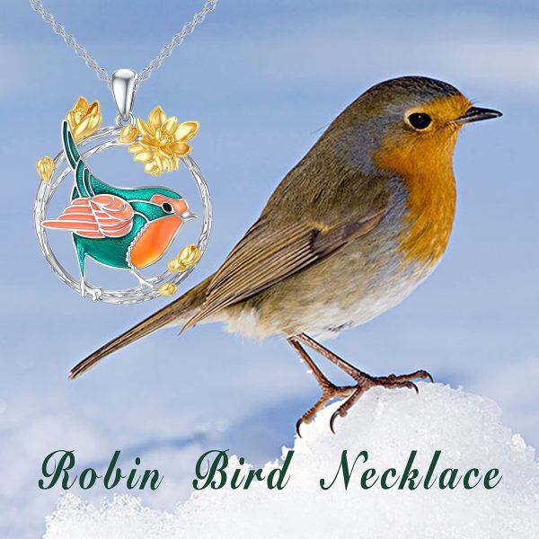 Sterling Silver Robin Bird Flower Pendant Necklace-5