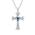 wholesale 925 Sterling Silver Blue Crystal Heart Cross Pendant Necklace for Women-0-0