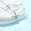 wholesale 925 Sterling Silver Blue Crystal Heart Cross Pendant Necklace for Women-0-1