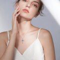 wholesale 925 Sterling Silver Blue Crystal Heart Cross Pendant Necklace for Women-0-2
