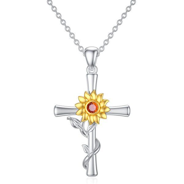 Sterling Silver Cross Sunflower Necklace-0