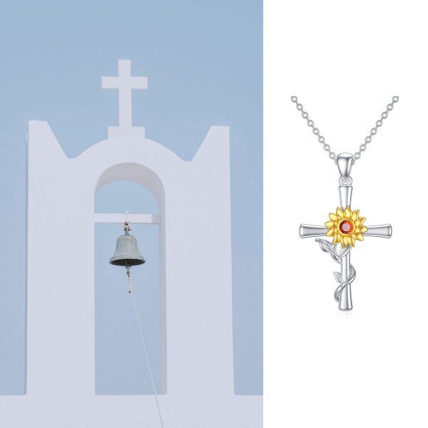 Sterling Silver Cross Sunflower Necklace-6