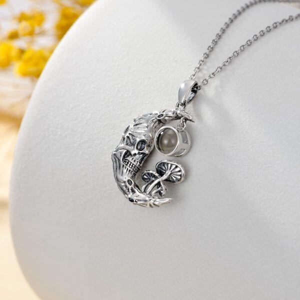 Sterling Silver Skull Moon Mushroom Pendant Necklace-1