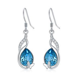 Sterling Silver Blue Crystal Butterfly Drop Earrings-0