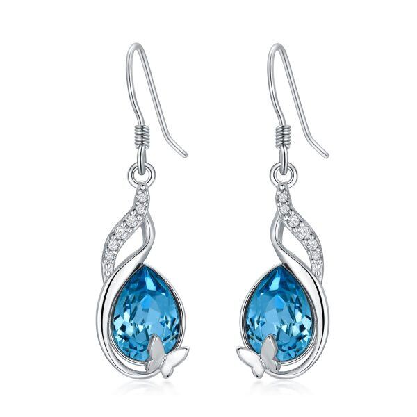 Sterling Silver Blue Crystal Butterfly Drop Earrings-0