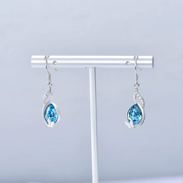 Sterling Silver Blue Crystal Butterfly Drop Earrings-2