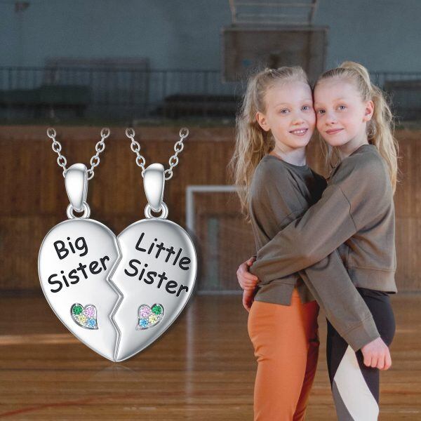 Sterling Silver Heart Sister Necklace-1