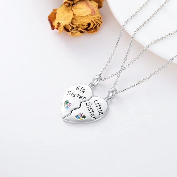 Sterling Silver Heart Sister Necklace-4