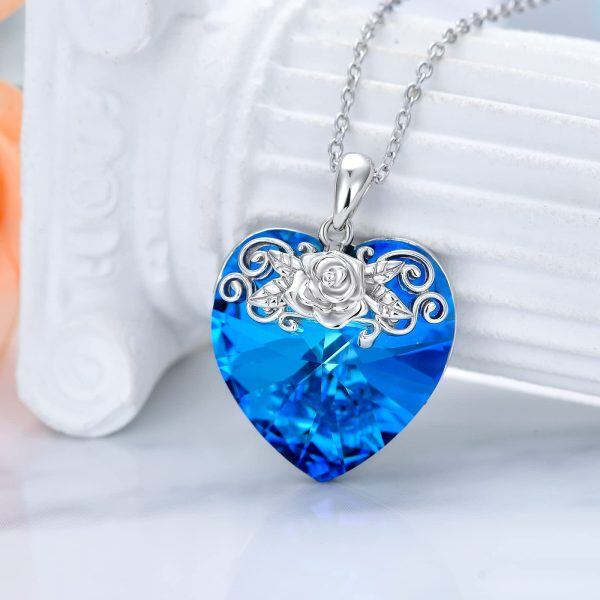 Sterling Silver Crystal Heart Rose Necklace-1