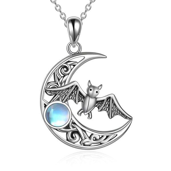 Sterling Silver Moonstone Bat Moon Necklace-0