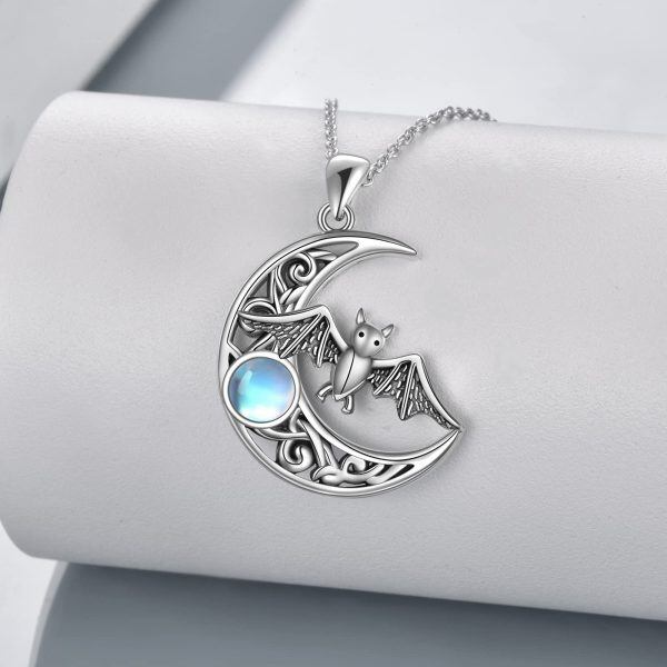 Sterling Silver Moonstone Bat Moon Necklace-3