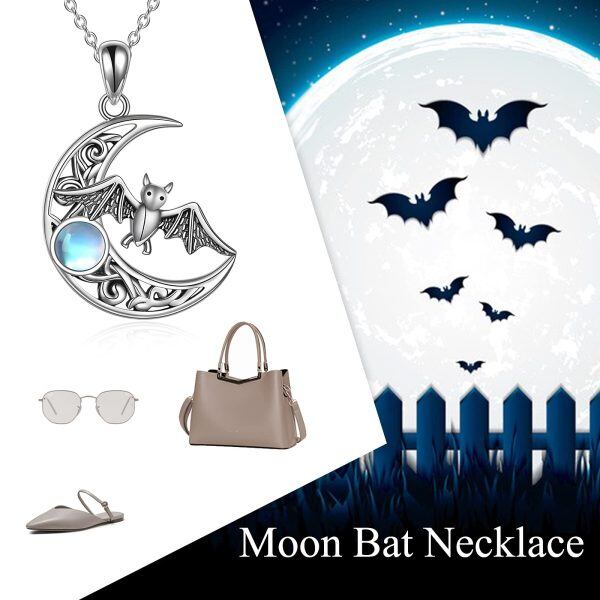 Sterling Silver Moonstone Bat Moon Necklace-5