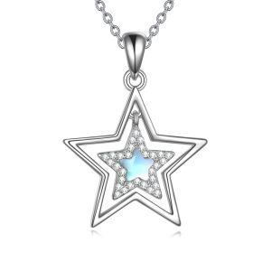 Moon Star Moonstone Necklace Sterling Silver Crescent Moon Pendant for Women-0